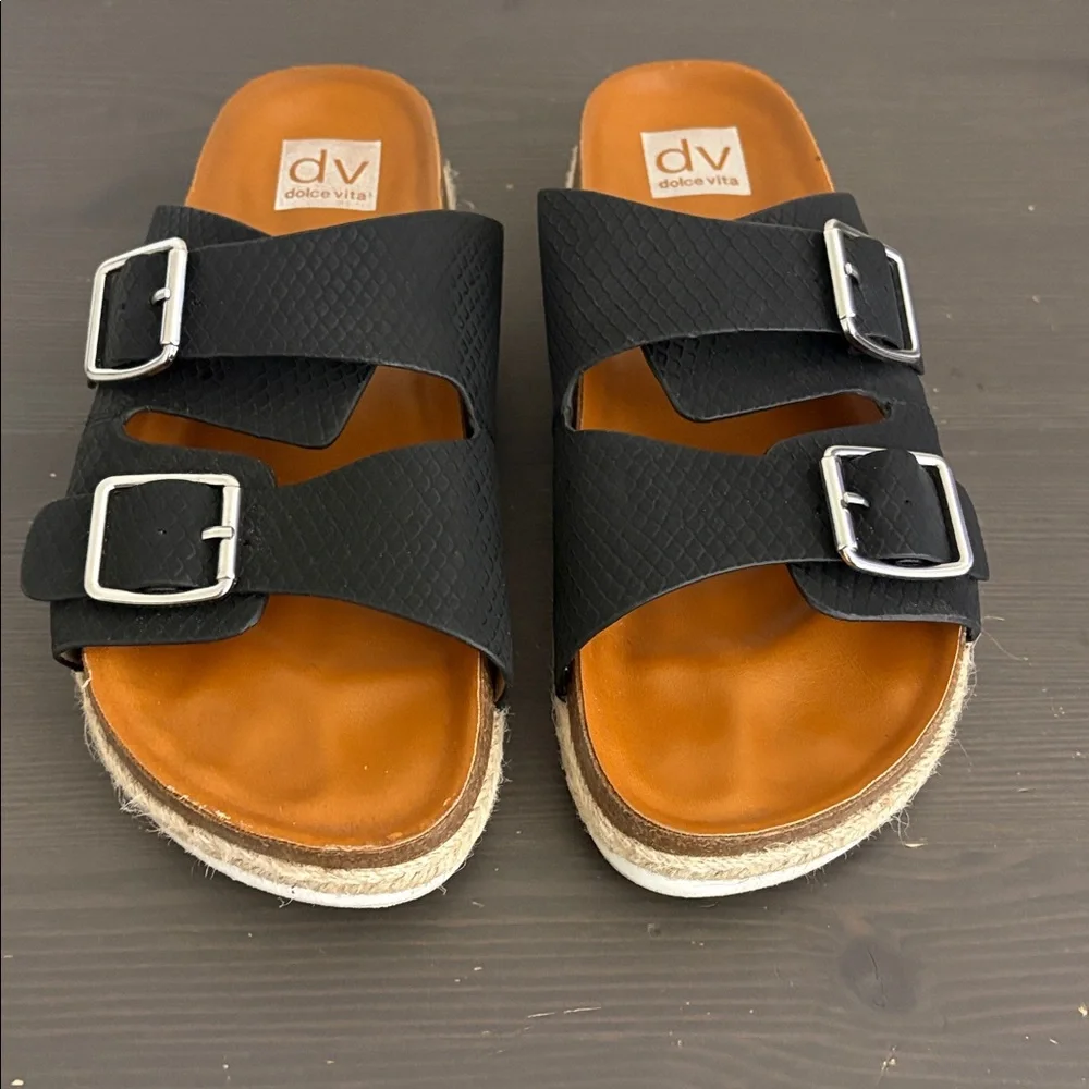 DV‎ Dolce Vita Carther Espadrille Footbed Sandals Slip On Double Buckle Black 10